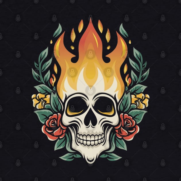 Eternal Fire Skull Art - Timeless Retro Tattoo by Goku Creations